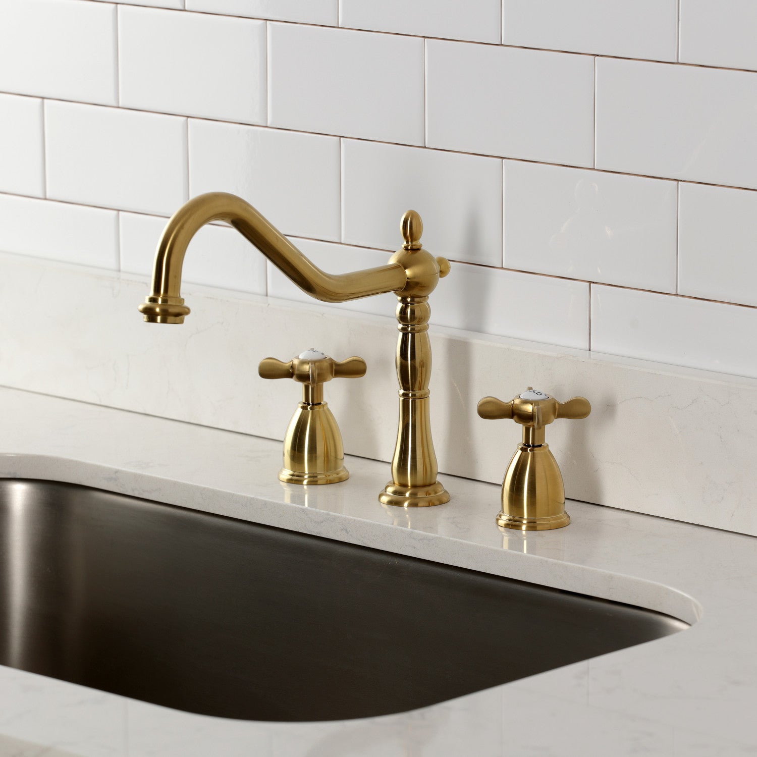 Kingston Heirloom KB1797BEXLS - Essex Double-Handle 3-Hole Widespread Kitchen Faucet, Brushed Brass — thumbnail 2